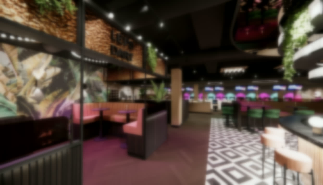 Blick durch Bowling 2000 in Bocholt mit Bowlingbahnen und Bar